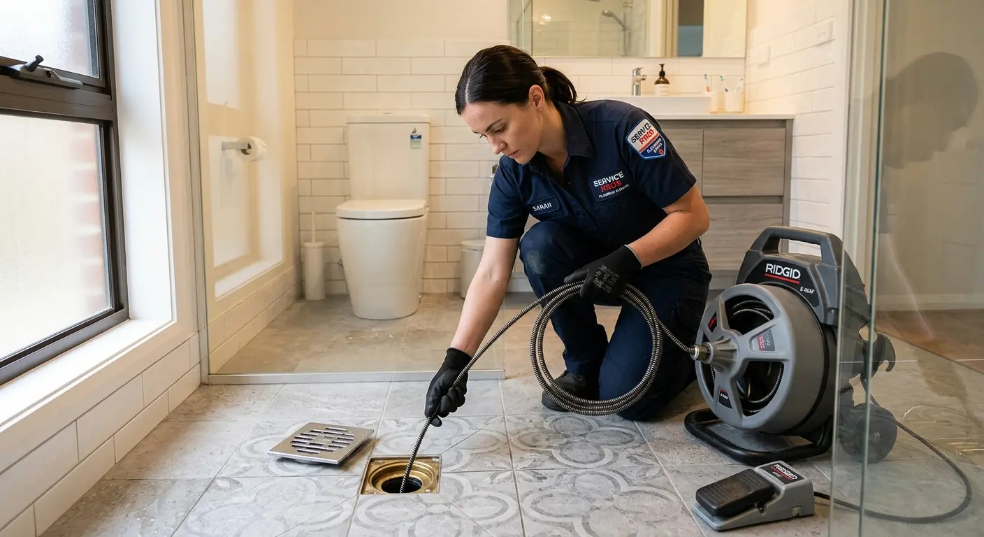Technician clearing a bathroom floor drain for Sewer Line Replacement in Wickliffe